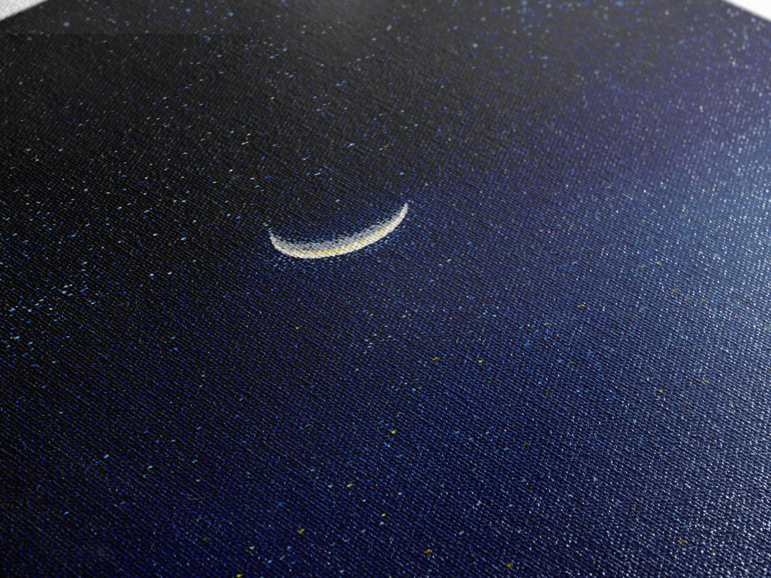 Glowing Crescent Moon Blue Star Field Canvas Print, Celestial Night Sky Poster, Modern Wall Decor, Dreamy Bedroom Art Print