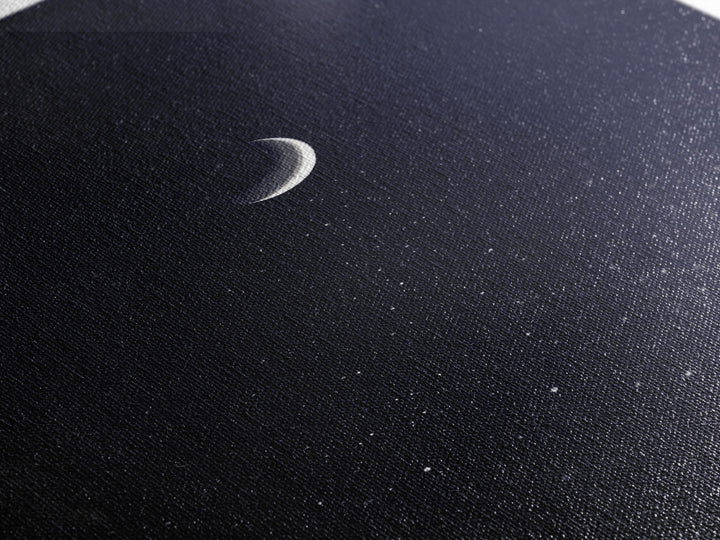 Silver Crescent Moon With Falling Stars Framed Canvas Print, Minimal Celestial Wall Decor, Navy Bedroom Art, Mystical Poster