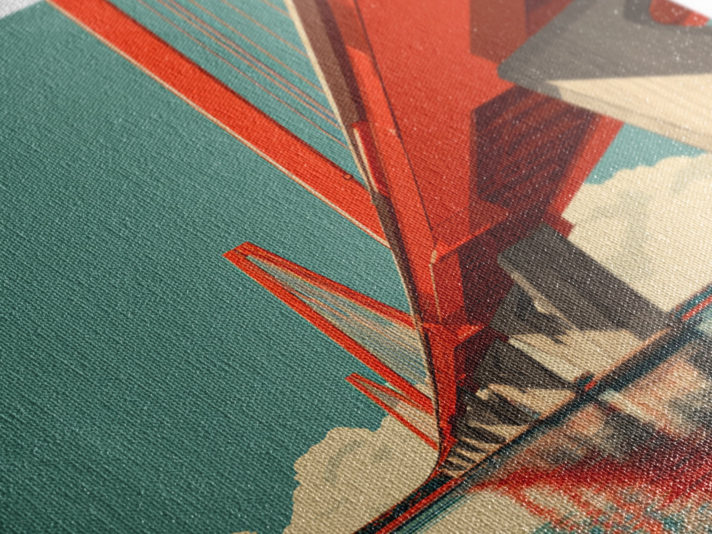 Red Suspension Bridge Over Water Canvas Print, Modern Travel Poster, Architectural Wall Art, Midcentury Decor, Coastal Home Print