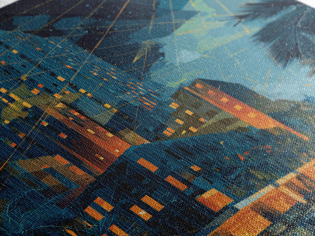 Glowing Art Deco Night City With Palms Wall Art, Mid Century Modern Poster, Retro Urban Decor, Blue Orange Living Room Print