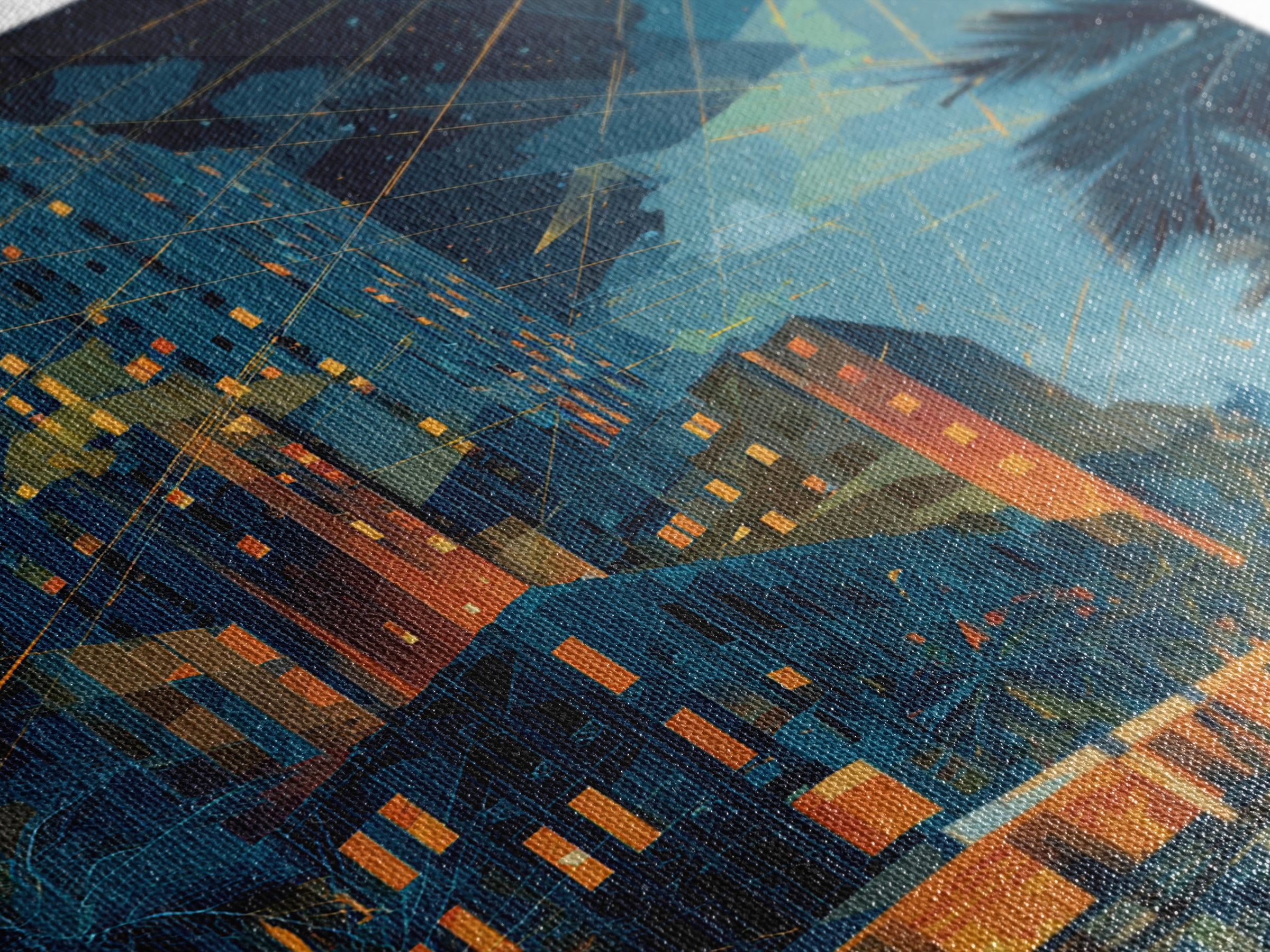 Glowing Art Deco Night City With Palms Wall Art, Mid Century Modern Poster, Retro Urban Decor, Blue Orange Living Room Print