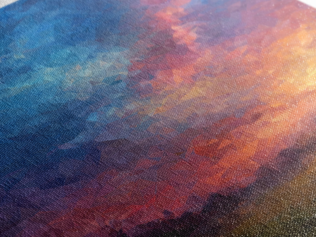 Polygon Sunset Sky With Blue Pink Clouds Wall Art, Colorful Landscape Poster, Abstract Nature Art, Modern Bedroom Decor Print