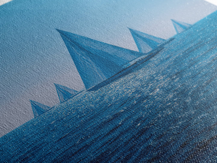 Blue Sailboats On Sparkling Ocean Wall Art, Mid Century Modern Canvas Print, Nautical Coastal Decor, Beach House Poster Gift