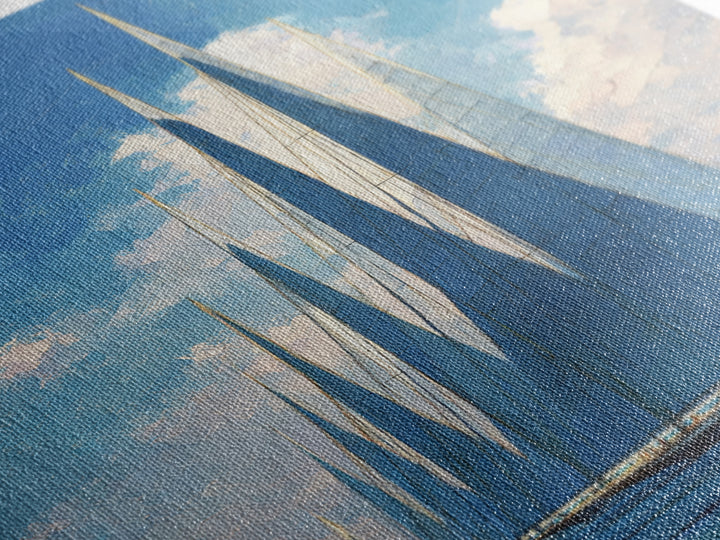 Blue Sailboat Fleet On Sparkling Sea Wall Art, Nautical Coastal Decor, Modern Art Print, Living Room Ocean Canvas, Boat Lover Gift
