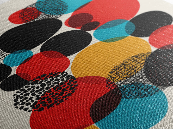 Red Teal Black Circle Cluster Canvas Print, Mid Century Modern Abstract Art, Retro Geometric Wall Decor, Mustard Cream Poster