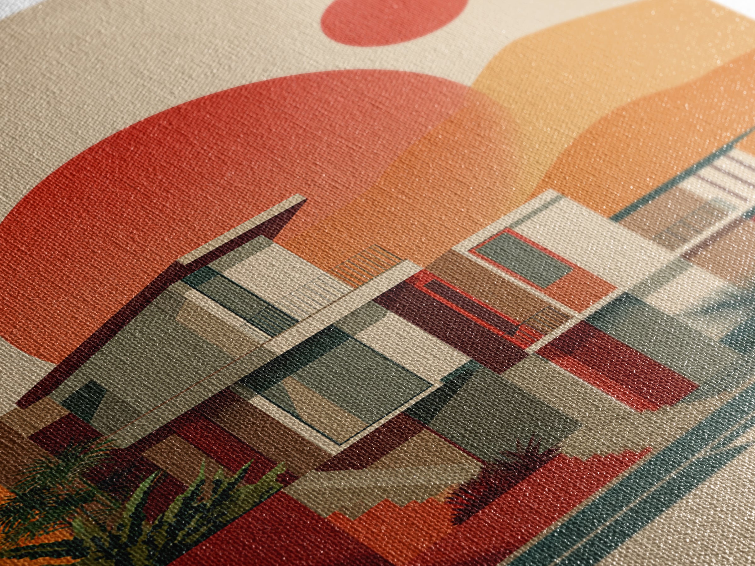 Desert Modernist House With Red Sun Wall Art, Mid Century Modern Poster, Retro Palm Springs Decor, Architectural Art Print