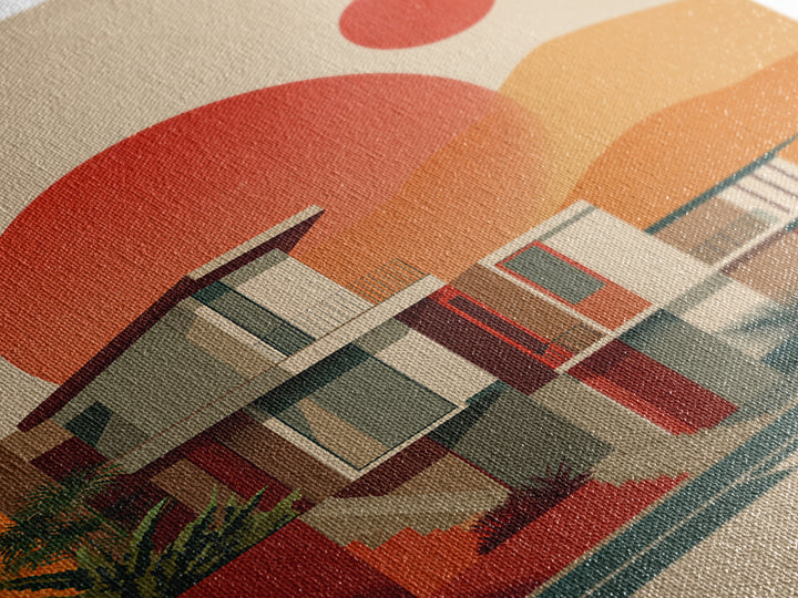 Desert Modernist House With Red Sun Wall Art, Mid Century Modern Poster, Retro Palm Springs Decor, Architectural Art Print