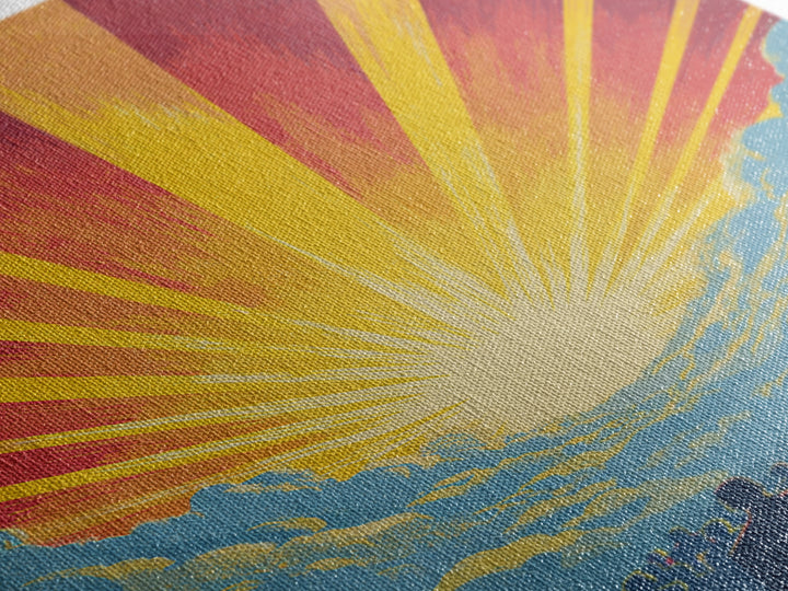 Radiant Sunrise Over Crowd Silhouette Canvas Print, Retro Sci Fi Wall Art, Inspirational Sun Poster, Colorful Home Decor