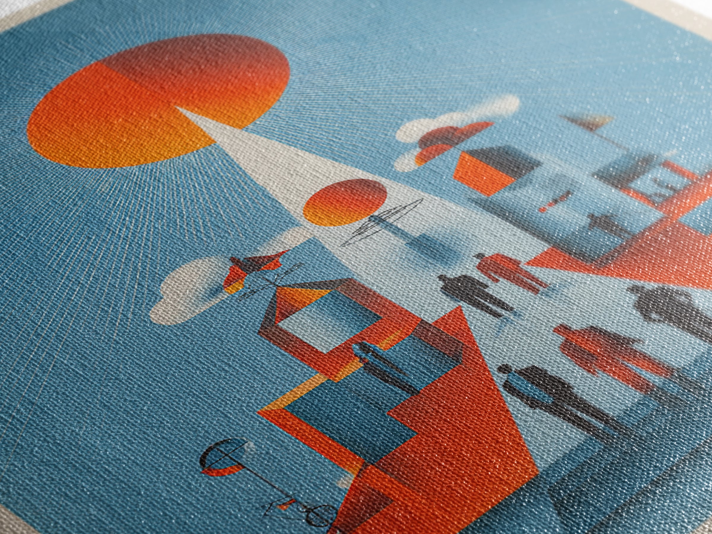 Futuristic Orange Sun City Wall Art, Midcentury Modern Art Print, Retro Geometric Poster, MCM Living Room Decor, Bold Blue Orange
