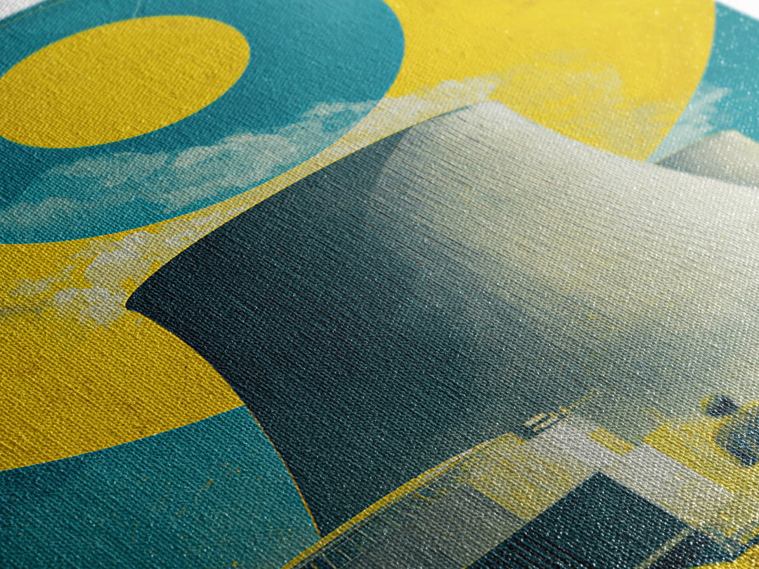 Nuclear Cooling Tower In Giant Hands Canvas Print, Retro Futurist Wall Decor, Yellow Teal Industrial Modern Art, MCM Poster