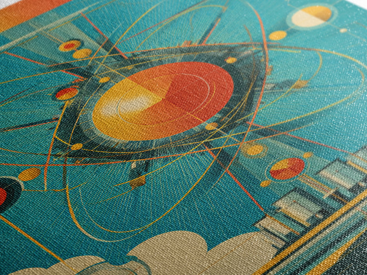 Atomic Orange Sun Orbit Wall Art, Midcentury Modern Abstract Space Poster, Teal Retro Geometric Decor, MCM Canvas Gift, Home Decor