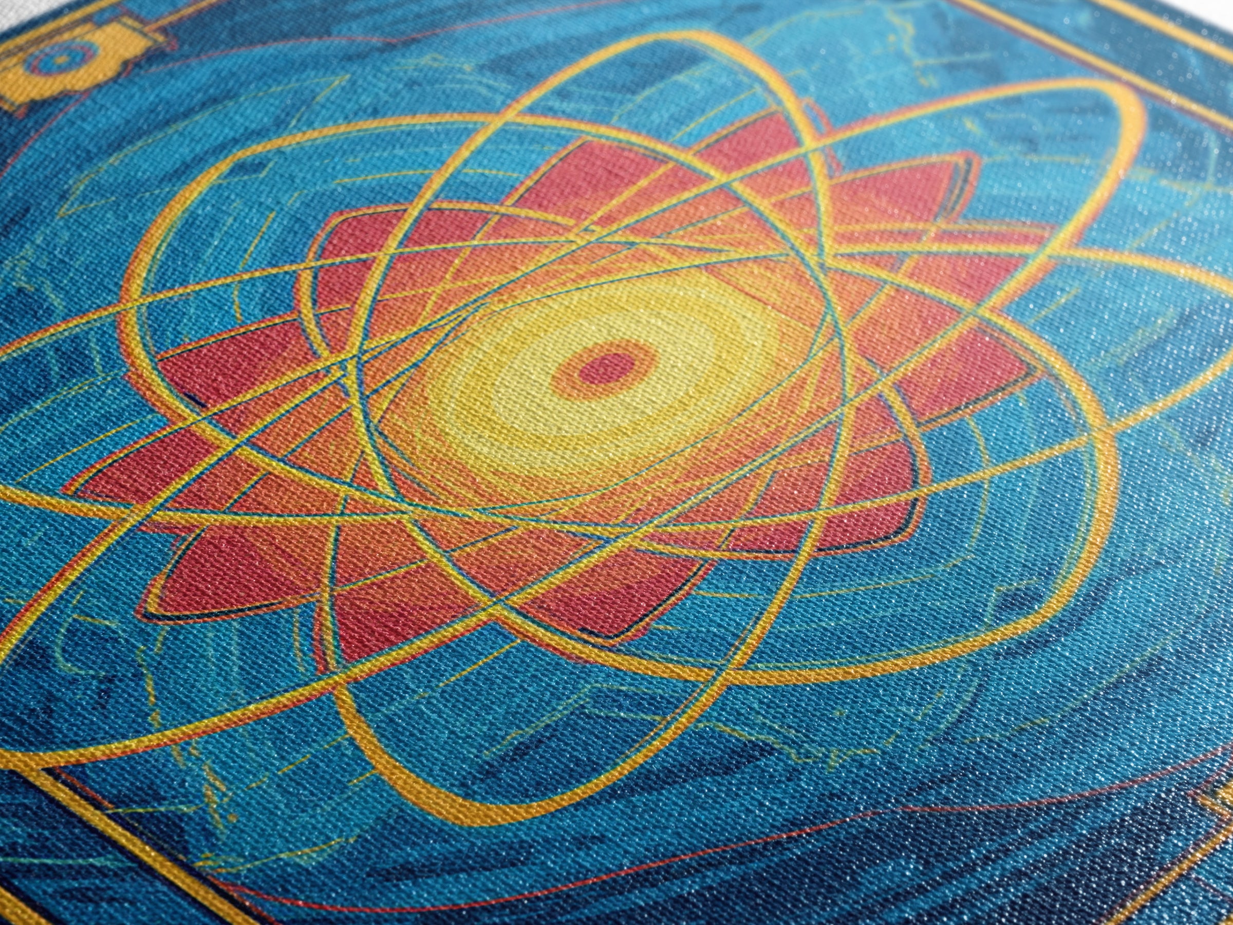 Radiant Atomic Mandala Framed Canvas Print, Midcentury Modern Art, Blue Geometric Wall Decor, Retro Sci Fi Home Poster Gift