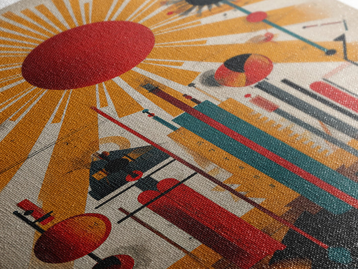 Red Sunburst Machine Wall Art, Midcentury Modern Abstract Poster, Bauhaus Geometric Print, Atomic Retro Office Decor Gift