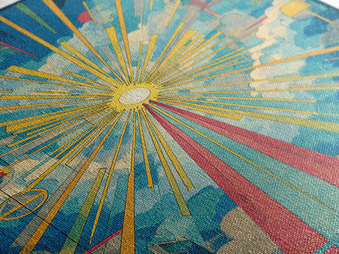 Radiant Cloud Cathedral Canvas Print, Midcentury Modern Sun Rays Poster, Colorful Geometric Sky Wall Art, Retro Home Decor