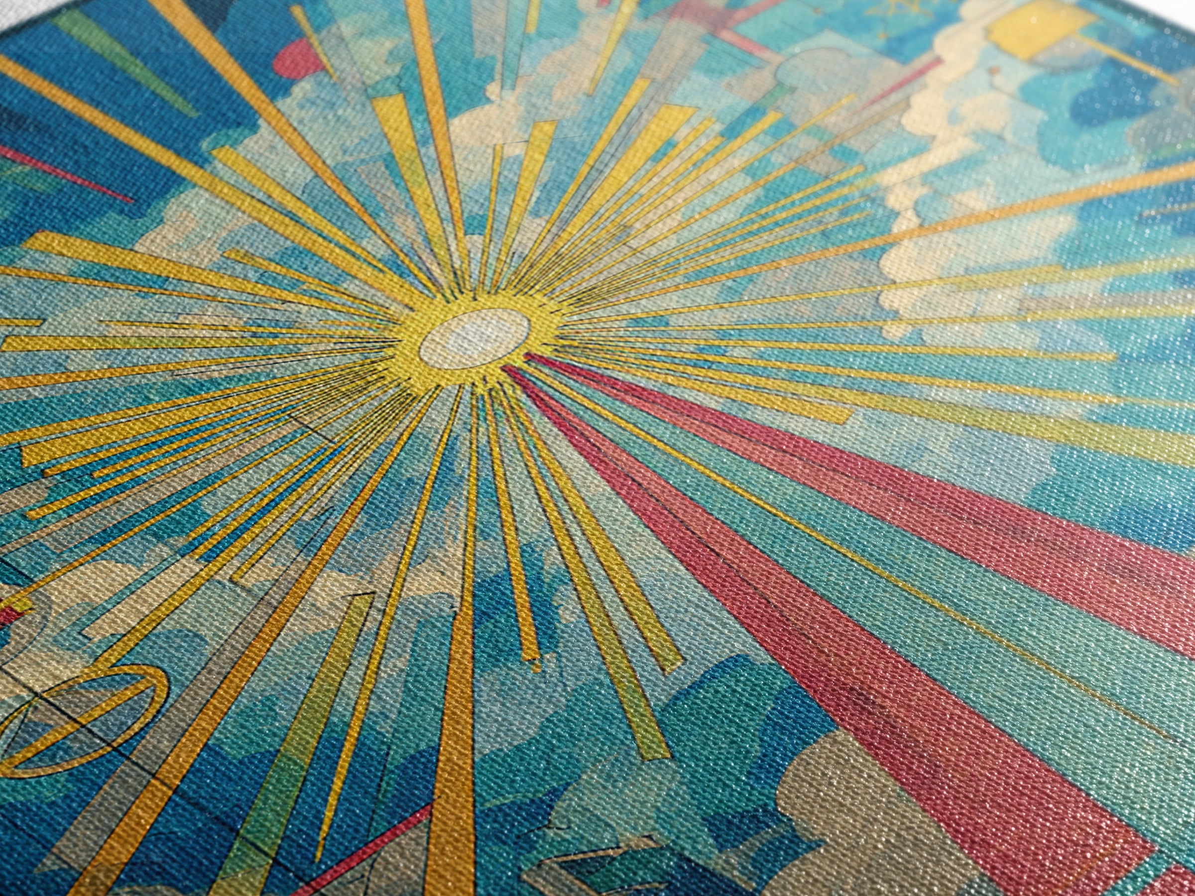 Radiant Cloud Cathedral Canvas Print, Midcentury Modern Sun Rays Poster, Colorful Geometric Sky Wall Art, Retro Home Decor