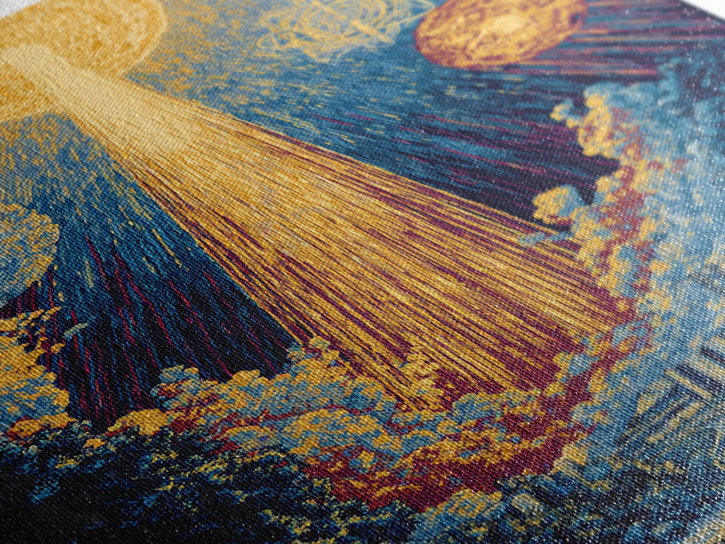Golden Celestial Beam Canvas Print, Modern Abstract Art, Cosmic Sun Landscape Poster, Blue Yellow Wall Decor, Spiritual Gift