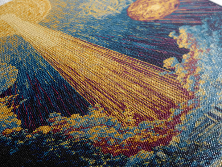 Golden Celestial Beam Canvas Print, Modern Abstract Art, Cosmic Sun Landscape Poster, Blue Yellow Wall Decor, Spiritual Gift