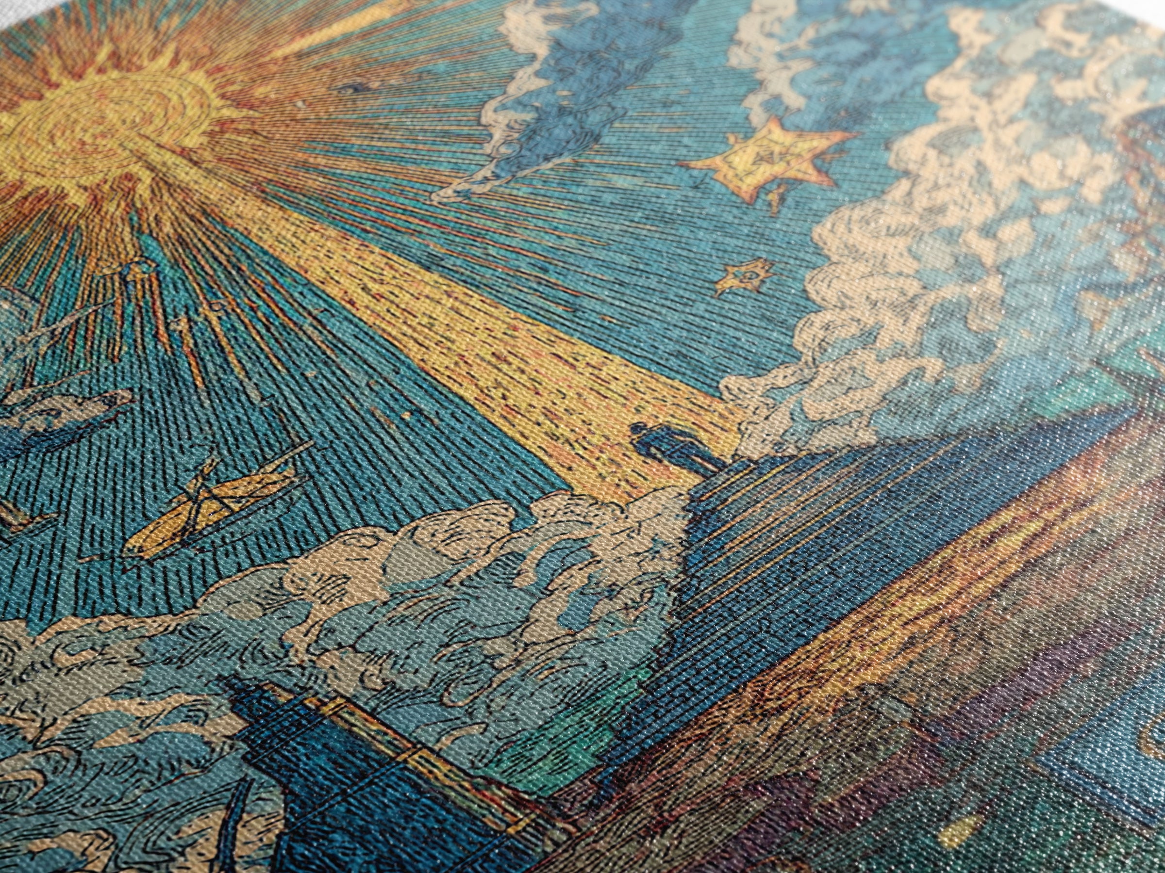 Stairway To Radiant Sun Wall Art, Modern Celestial Landscape Poster, Blue Cloud Fantasy Print, Spiritual Home Office Decor