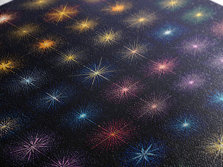 Glowing Starburst Fireworks Grid Wall Art, Midcentury Modern Art Print, Atomic Retro Poster, Dark Navy Living Room Decor