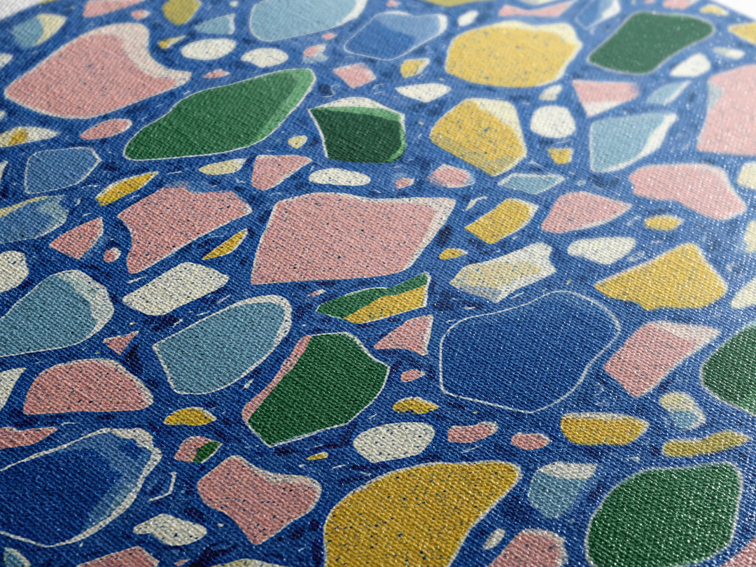 Blue Pebble Terrazzo Mosaic Pattern Canvas Print, Midcentury Modern Wall Art, Colorful Abstract Geometric Home Decor Poster Gift