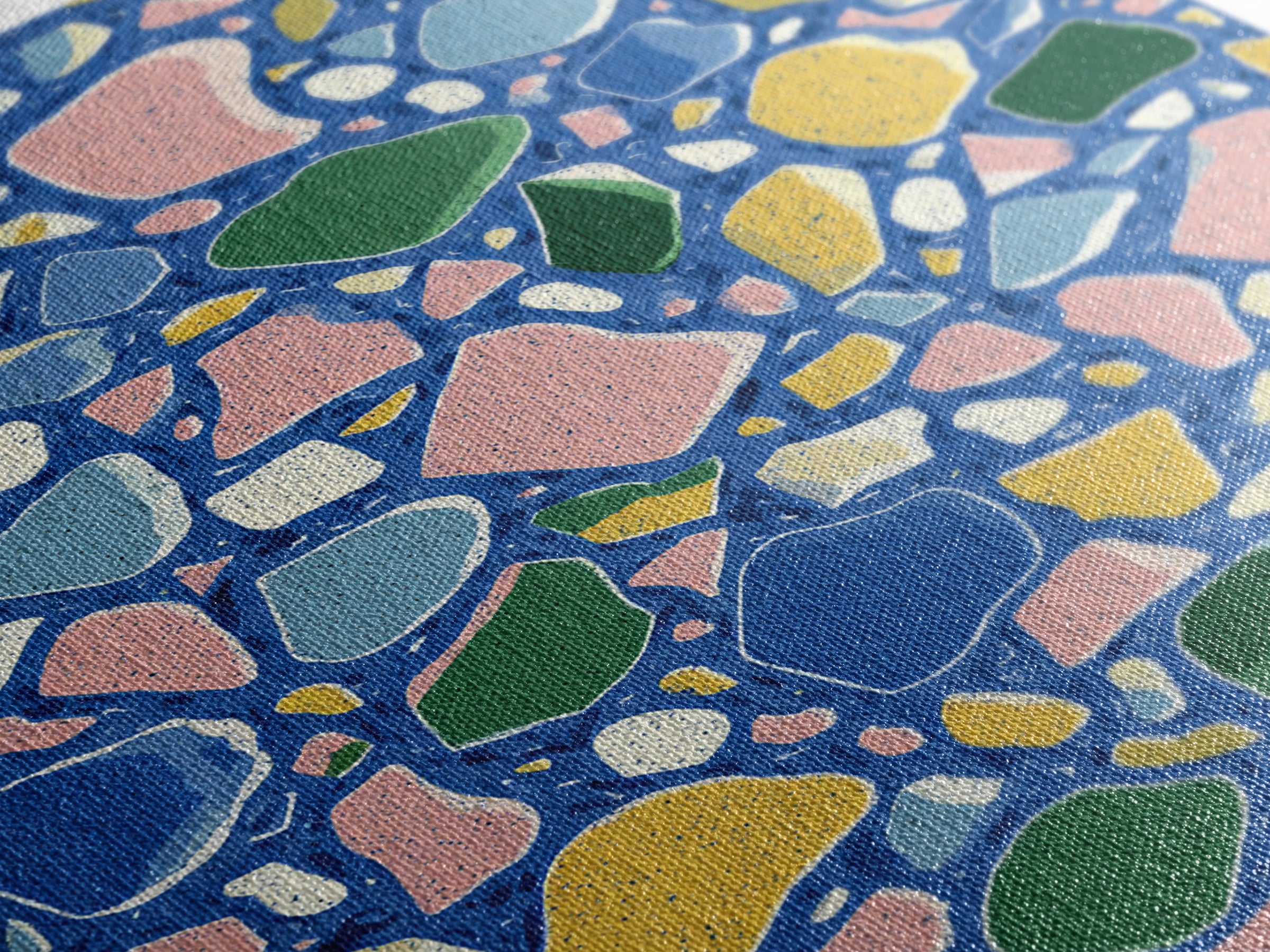 Blue Pebble Terrazzo Mosaic Pattern Canvas Print, Midcentury Modern Wall Art, Colorful Abstract Geometric Home Decor Poster Gift