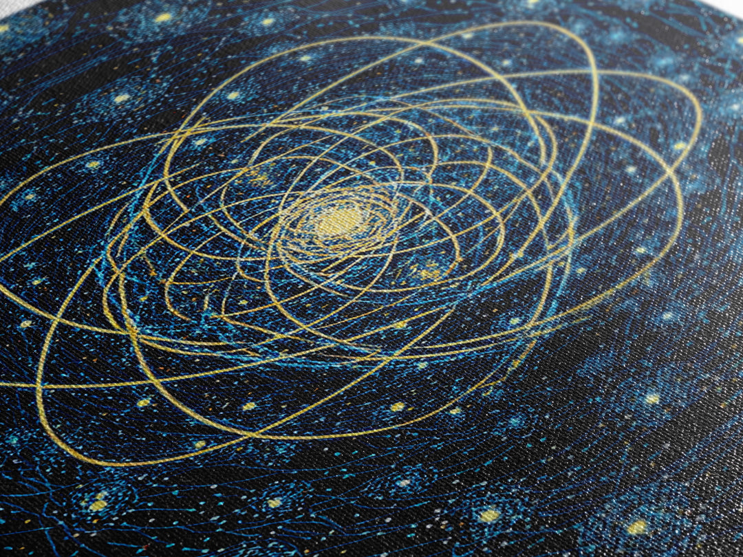 Blue Gold Cosmic Atom Mandala Wall Art, Midcentury Modern Art, Space Abstract Art, Geometric Wall Decor For Home Office, MCM Print