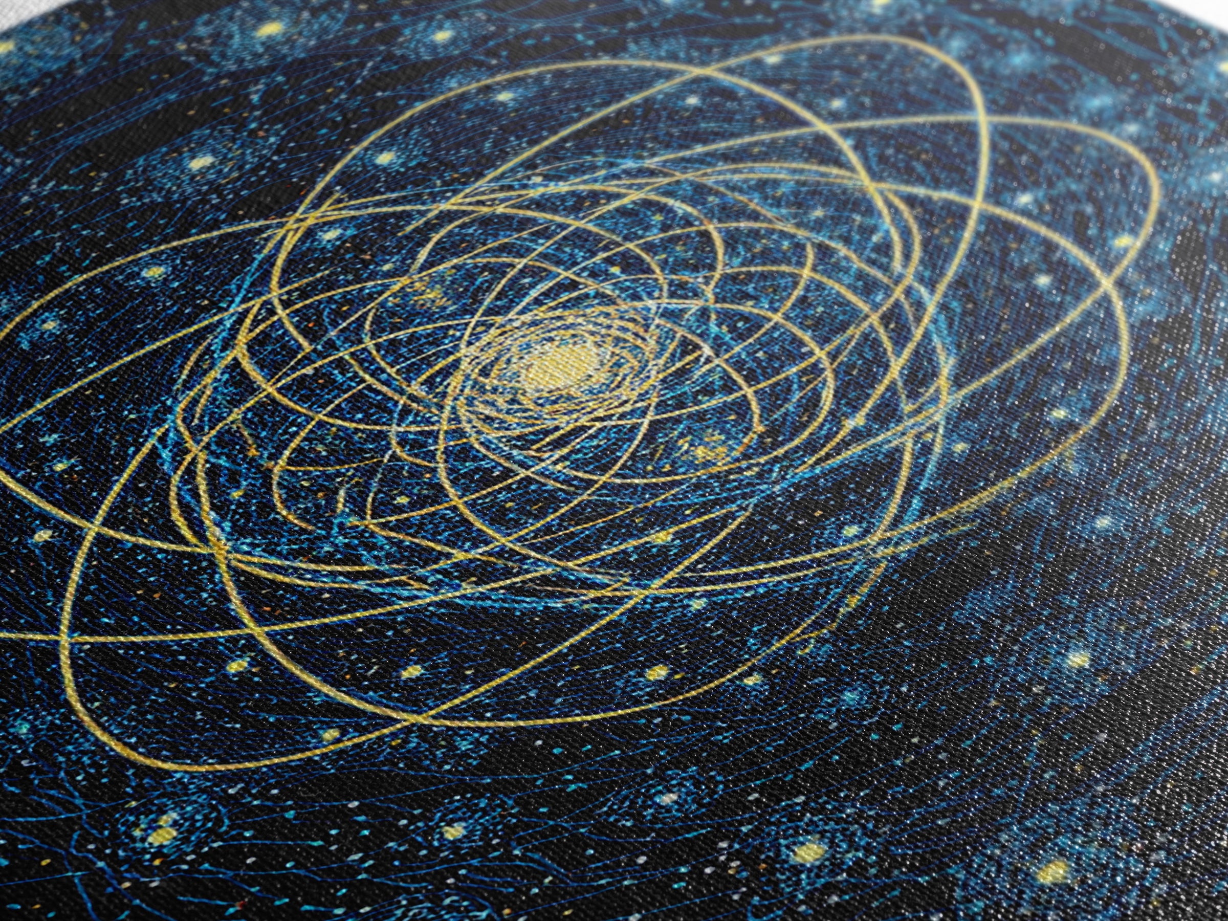 Blue Gold Cosmic Atom Mandala Wall Art, Midcentury Modern Art, Space Abstract Art, Geometric Wall Decor For Home Office, MCM Print