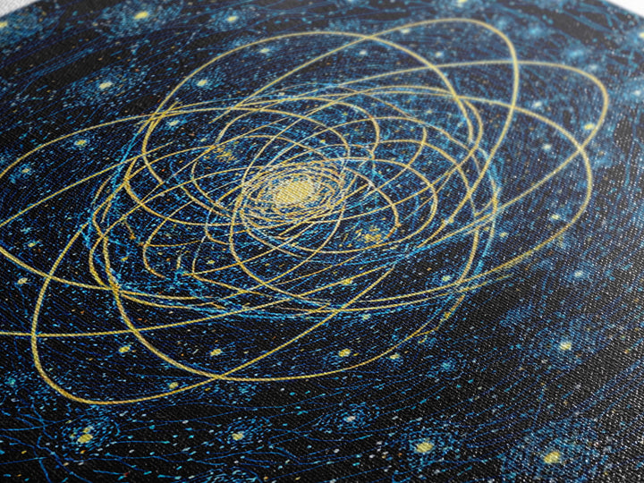 Blue Gold Cosmic Atom Mandala Wall Art, Midcentury Modern Art, Space Abstract Art, Geometric Wall Decor For Home Office, MCM Print