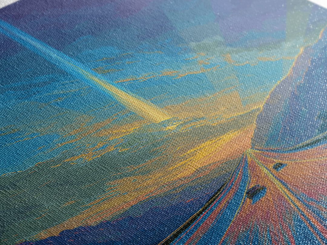 Mountain Highway Sunset Beam Canvas Print, Scenic Travel Wall Art, Modern Digital Art, Blue Orange Landscape Office Decor