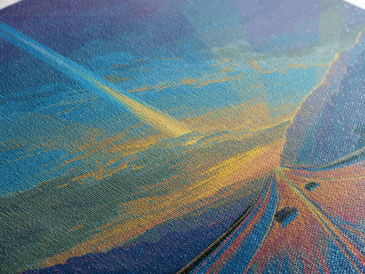 Mountain Highway Sunset Beam Canvas Print, Scenic Travel Wall Art, Modern Digital Art, Blue Orange Landscape Office Decor