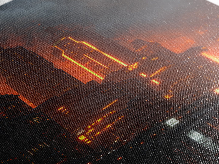 Burning Neon Futuristic Skyline Framed Canvas Print, Modern Wall Art, Dark Sci Fi City Poster, Orange Black Industrial Decor