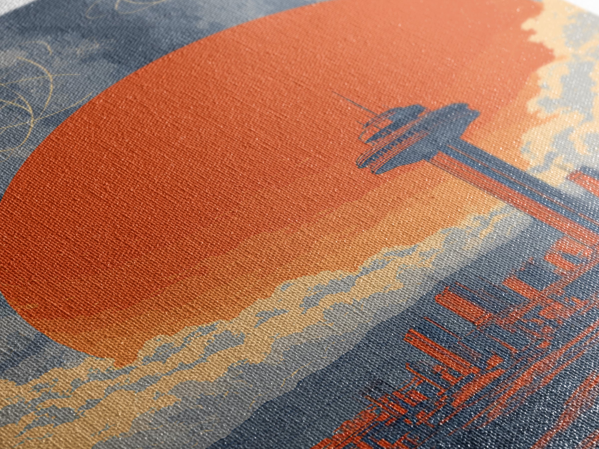 Space Needle Skyline With Orange Sun Wall Art, Mid Century Modern Print, Atomic Retro Poster, Seattle Inspired City Decor