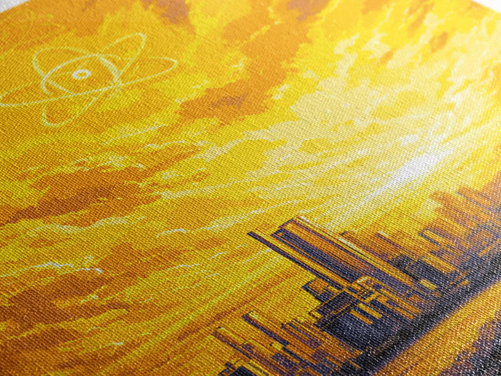 Golden Atomic Skyline At Sunset Framed Canvas Print, Mid Century Modern Wall Art, Yellow Poster, Retro Futuristic City Decor