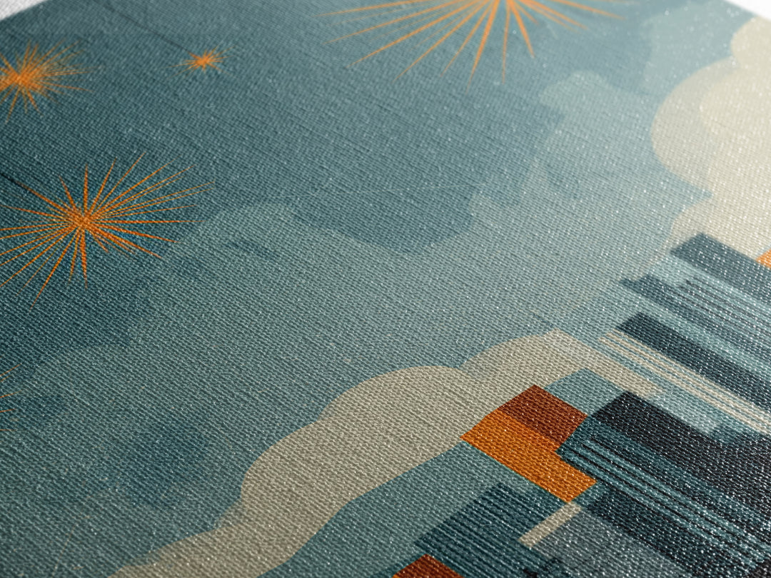 Seattle Skyline With Orange Starbursts Wall Art, Midcentury Modern Decor, Space Needle Print, Retro Cityscape Poster Home Decor