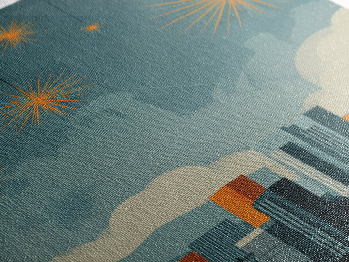 Seattle Skyline With Orange Starbursts Wall Art, Midcentury Modern Decor, Space Needle Print, Retro Cityscape Poster Home Decor