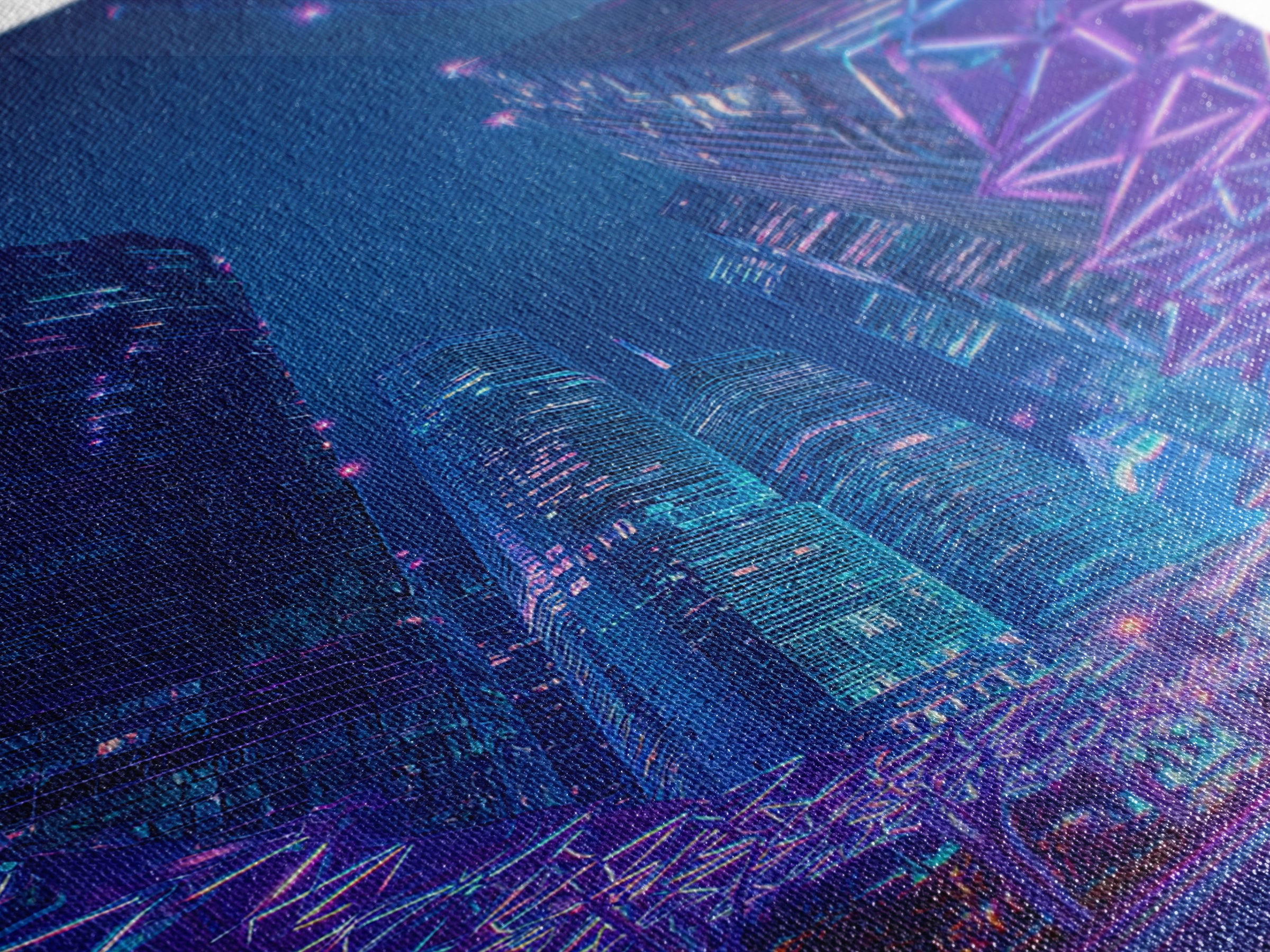 Neon Cyberpunk Skyscraper City Canvas Print, Modern Wall Art, Blue Purple Urban Night Poster Print, Contemporary Office Decor