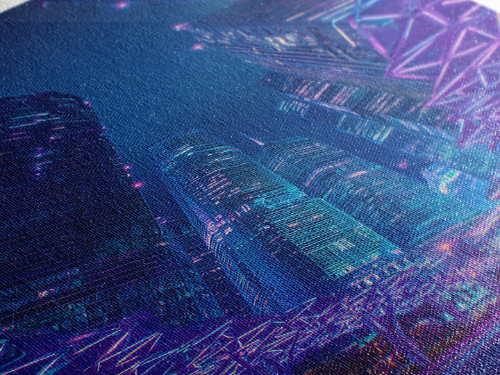 Neon Cyberpunk Skyscraper City Canvas Print, Modern Wall Art, Blue Purple Urban Night Poster Print, Contemporary Office Decor