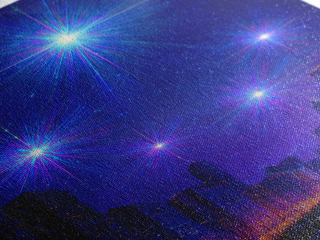 Blue Purple Starburst Night Skyline Wall Art, Modern Abstract Art, City Lights Poster, Space Digital Art, Home Office Decor