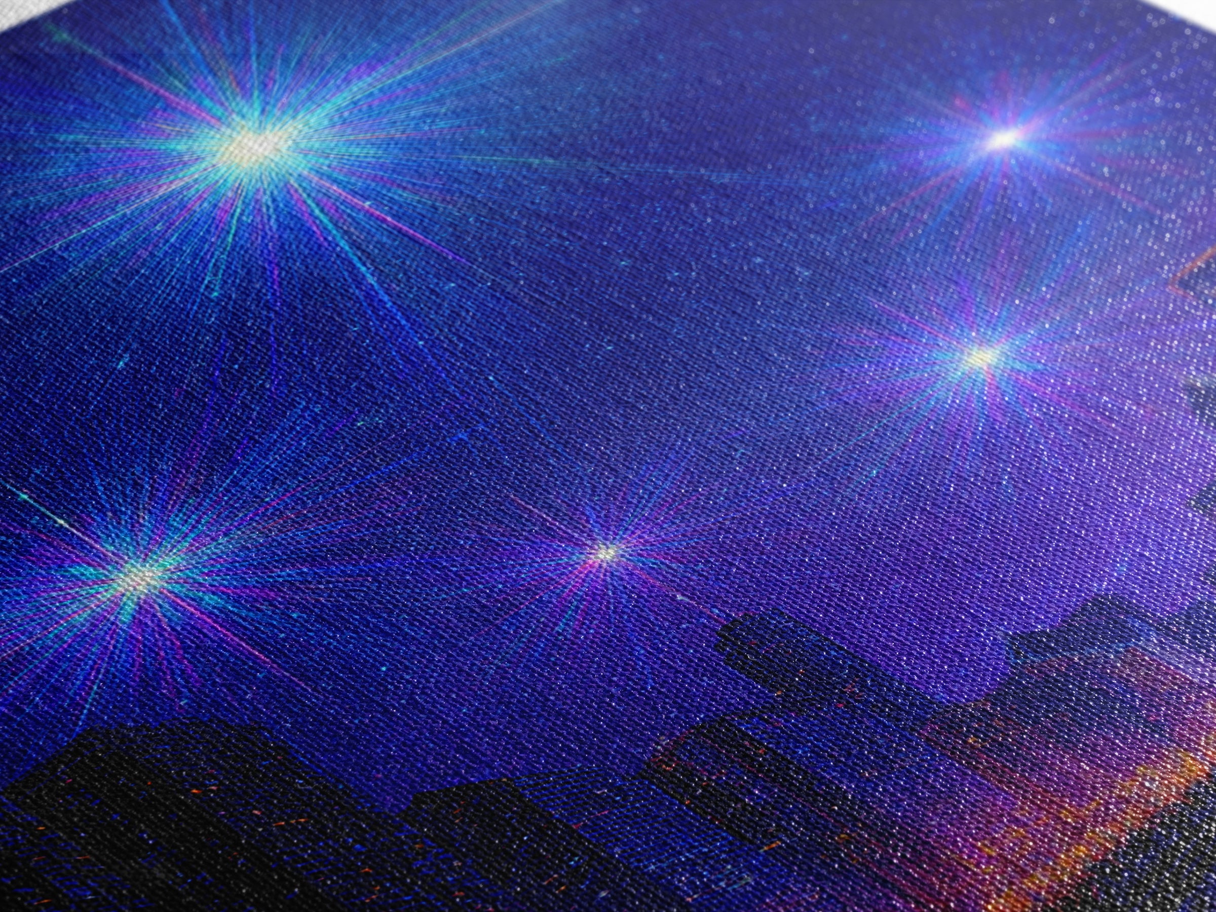 Blue Purple Starburst Night Skyline Wall Art, Modern Abstract Art, City Lights Poster, Space Digital Art, Home Office Decor