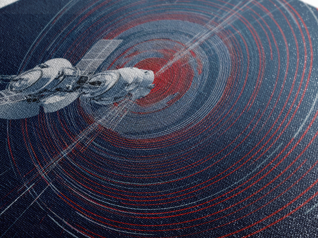 Orbiting Satellite With Red Signal Rings Wall Art, Modern Sci Fi Poster, Space Abstract Art Print, Futuristic Office Decor