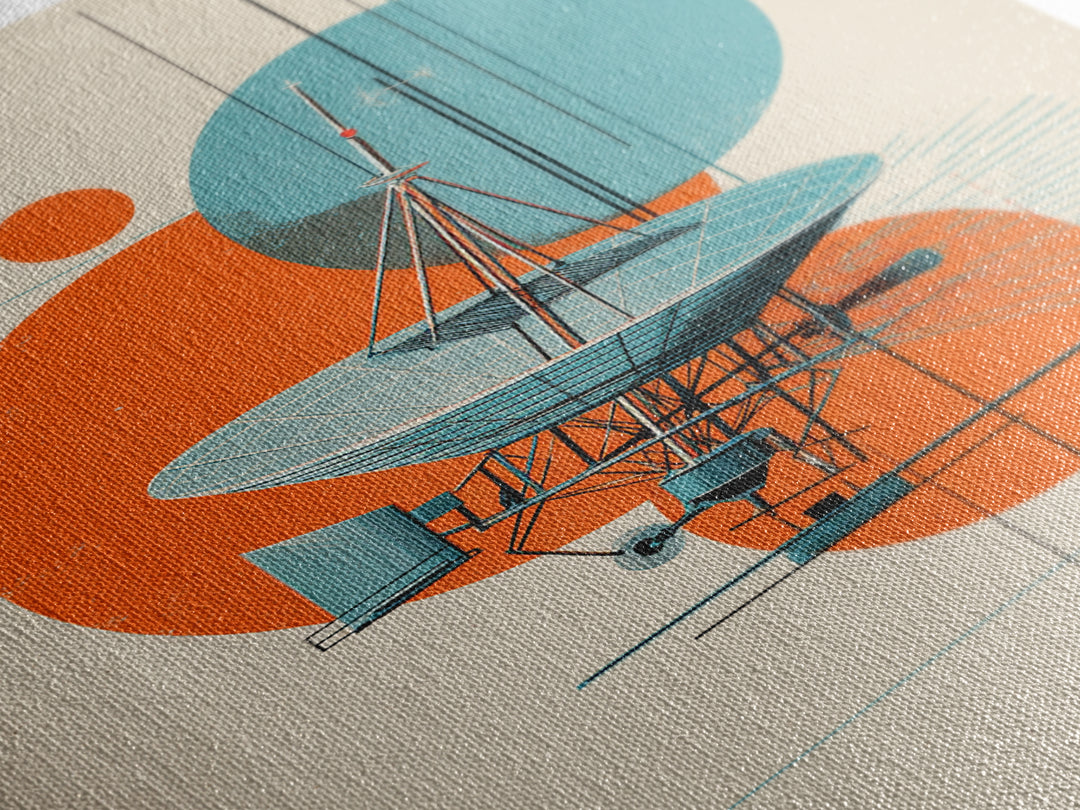 Abstract Radio Telescope With Orange Teal Circles Wall Art, Bauhaus Midcentury Modern Poster, Geometric Office Decor Print