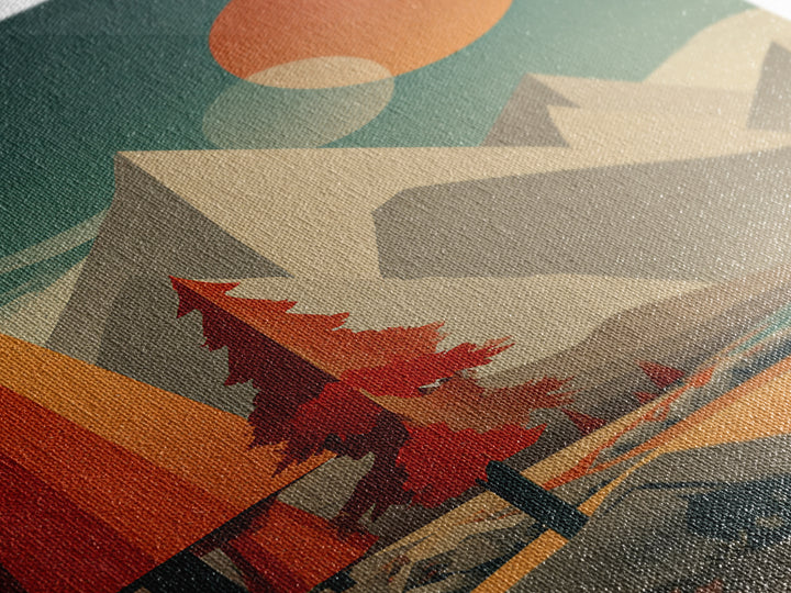 Pyramid Peaks And Orange Suns Framed Canvas Print, Midcentury Modern Alpine Landscape, Retro Mountain Lake Wall Decor For Cabin Living Room