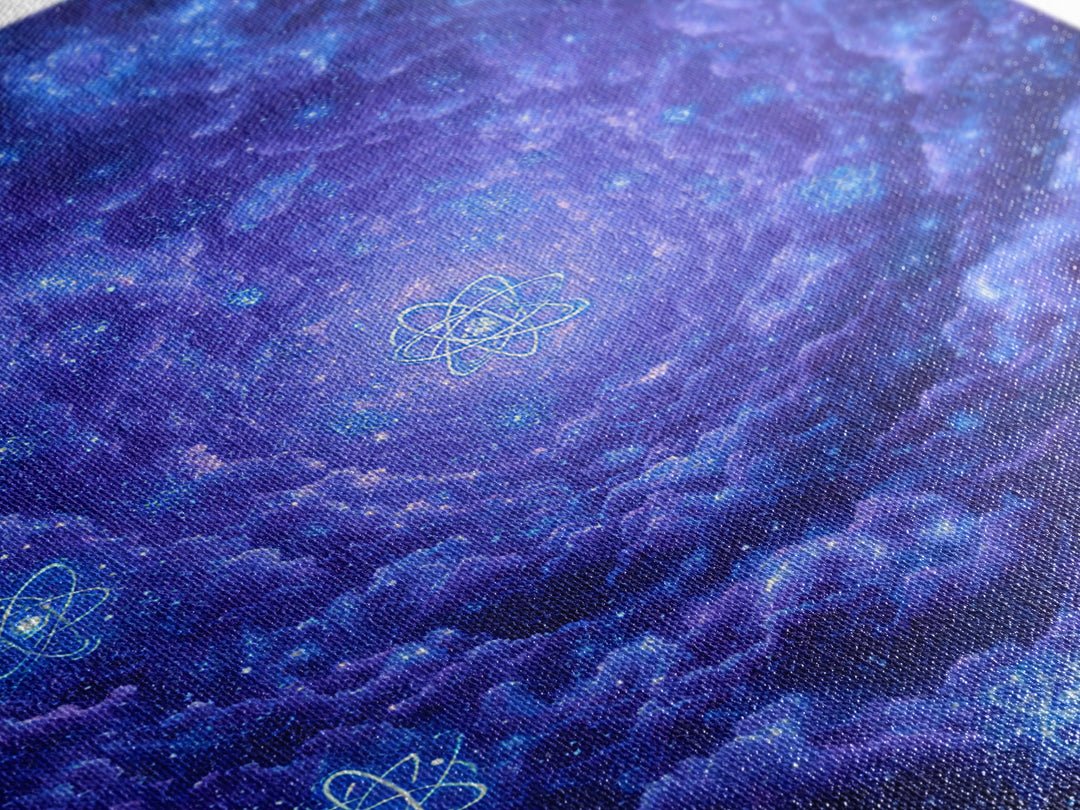 Purple Cosmic Clouds With Atom Symbols Wall Art, Retro Sci Fi Space Poster, Modern Abstract Art, Blue Art Print, Dorm Decor