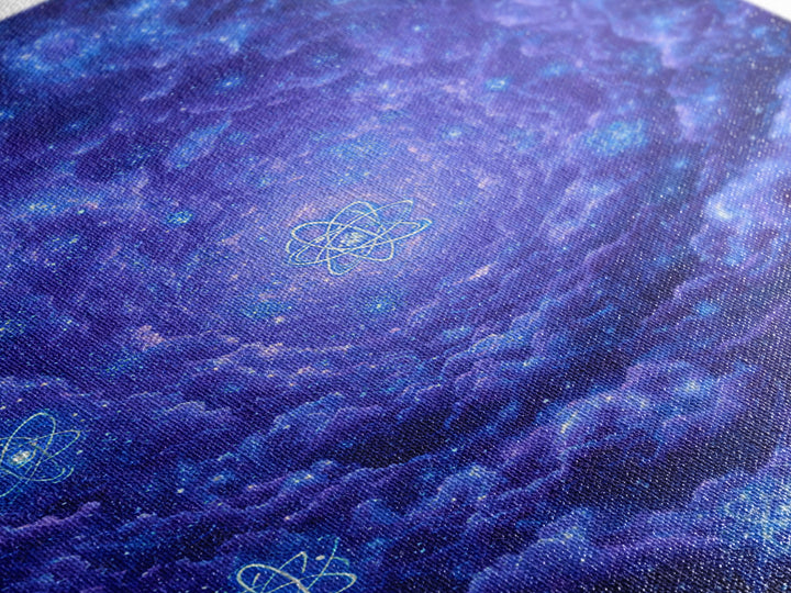 Purple Cosmic Clouds With Atom Symbols Wall Art, Retro Sci Fi Space Poster, Modern Abstract Art, Blue Art Print, Dorm Decor