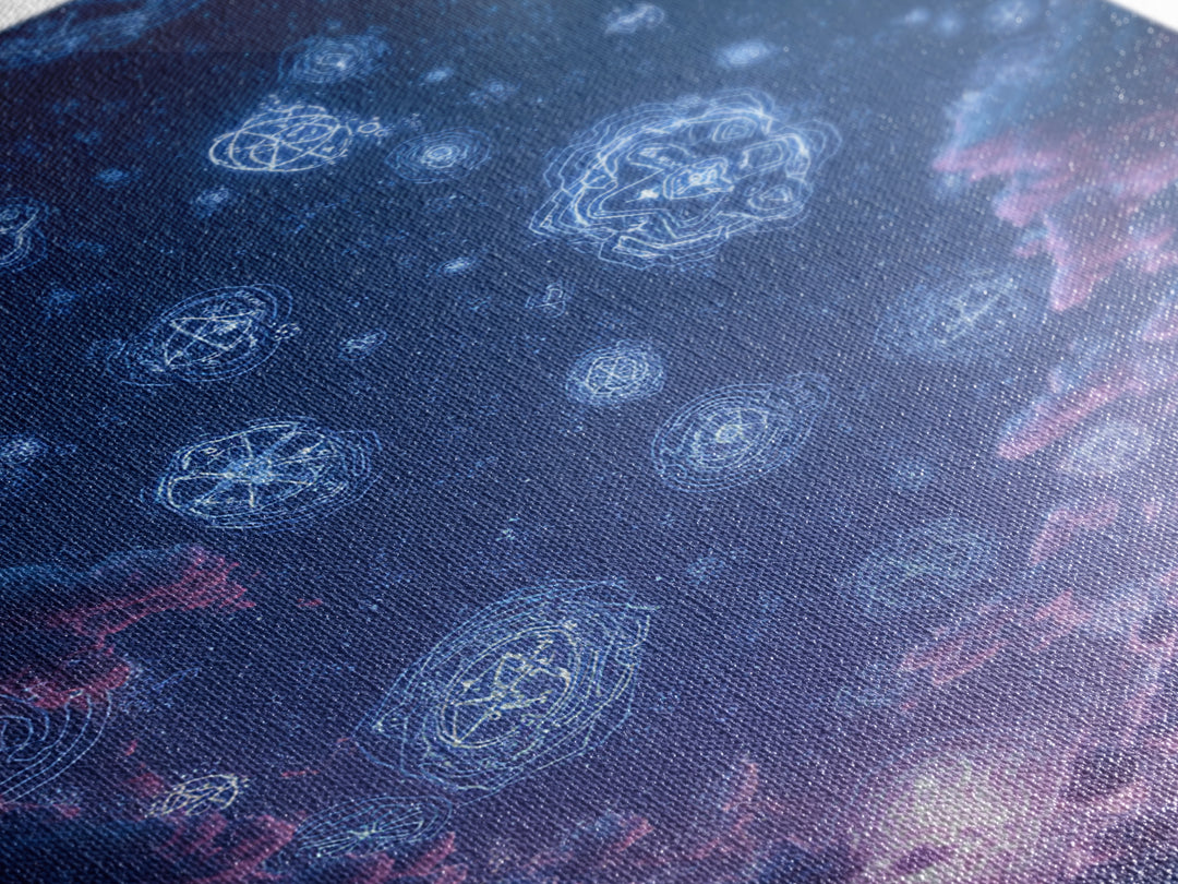 Glowing Celestial Glyphs In Starry Clouds Wall Art, Mystical Space Abstract Poster, Modern Wall Decor, Blue Cosmic Art Print