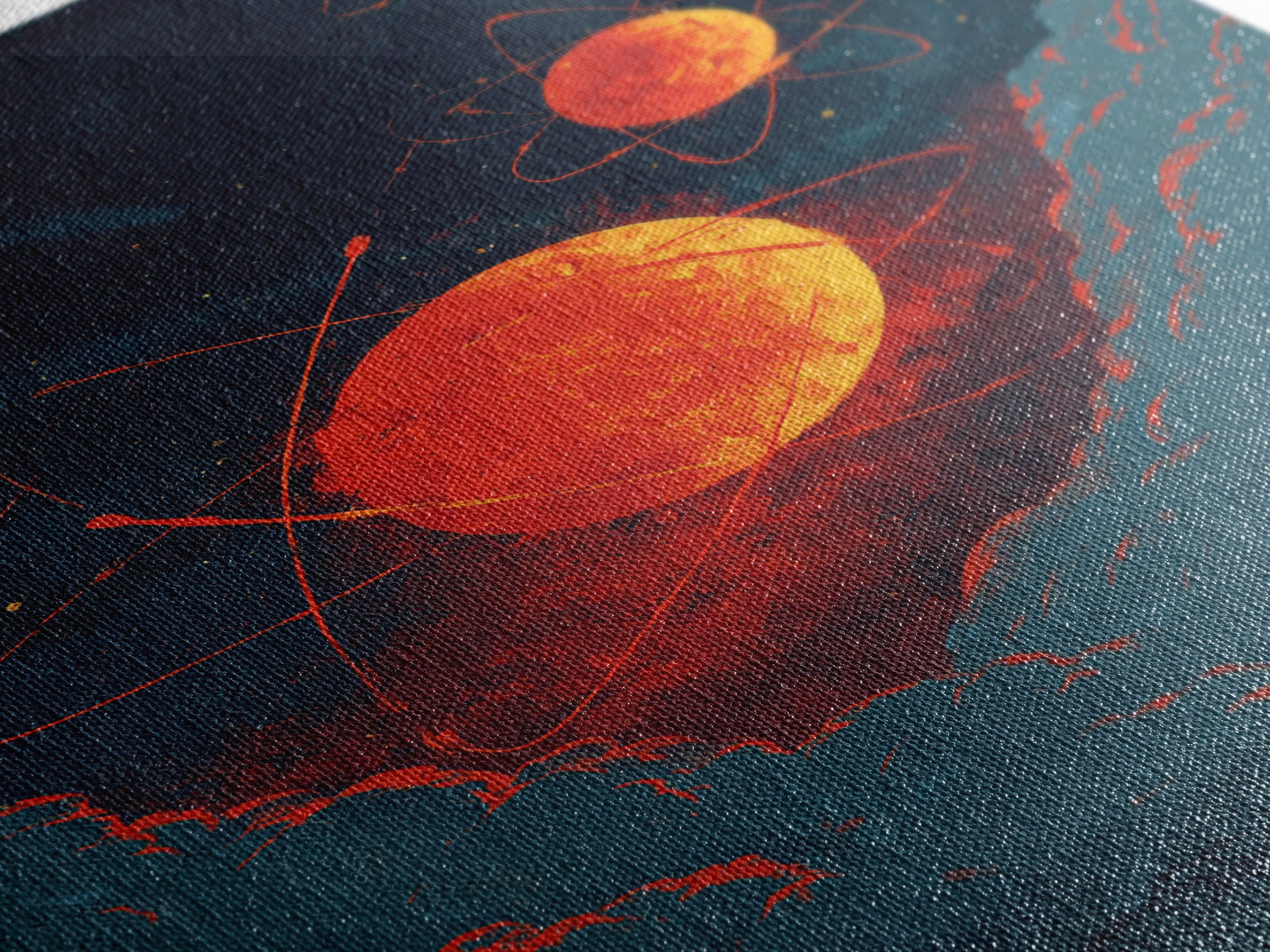 Fiery Red Atomic Planets In Dark Clouds Wall Art, Retro Sci Fi Poster, Modern Abstract Art, Orange Black Space Decor, Mcm Wall Art