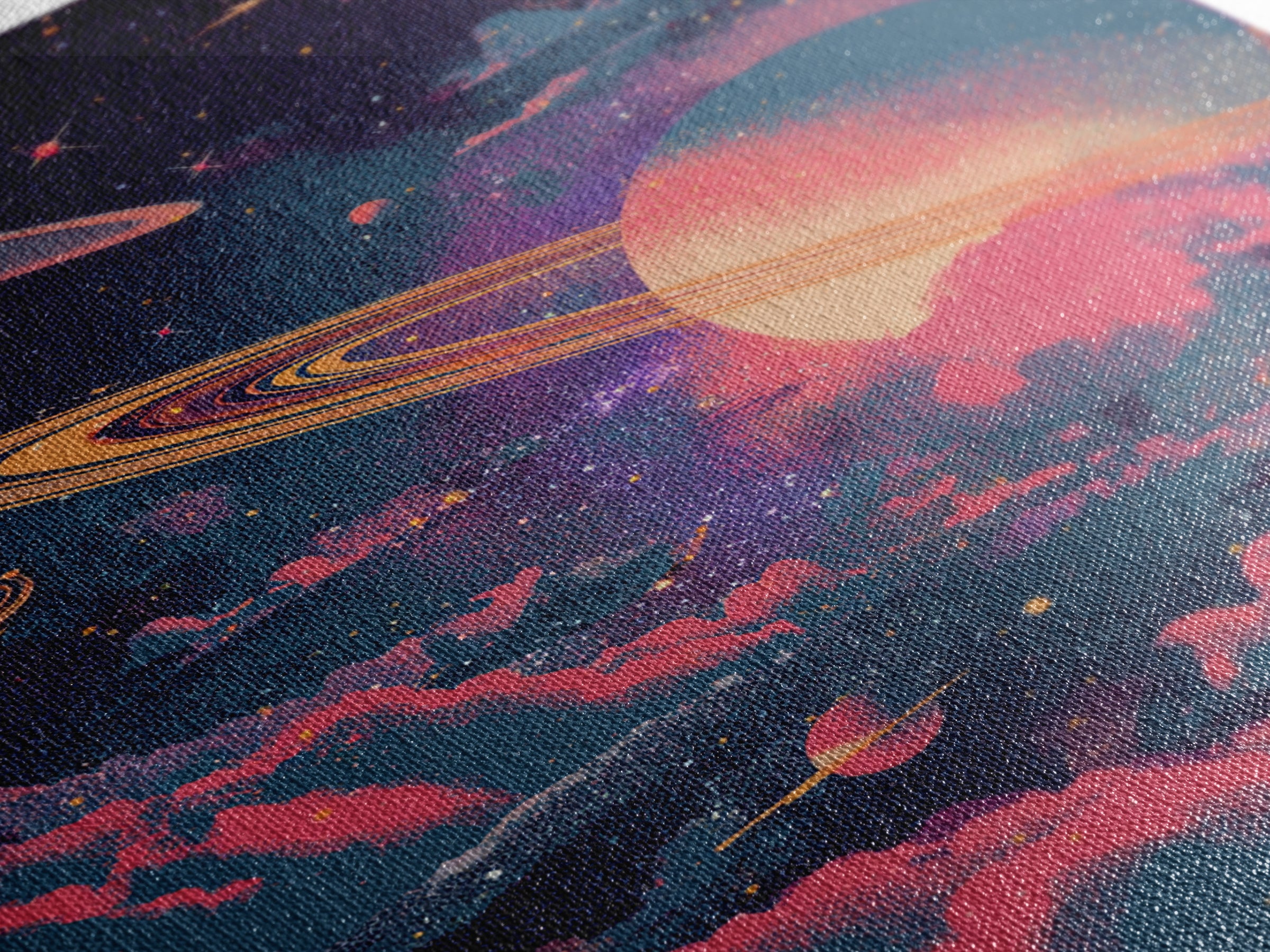 Neon Saturn Planets Above Pink Clouds Framed Canvas Print, Retro Space Poster, Modern Wall Art, Cosmic Home Decor, 70s Art Print