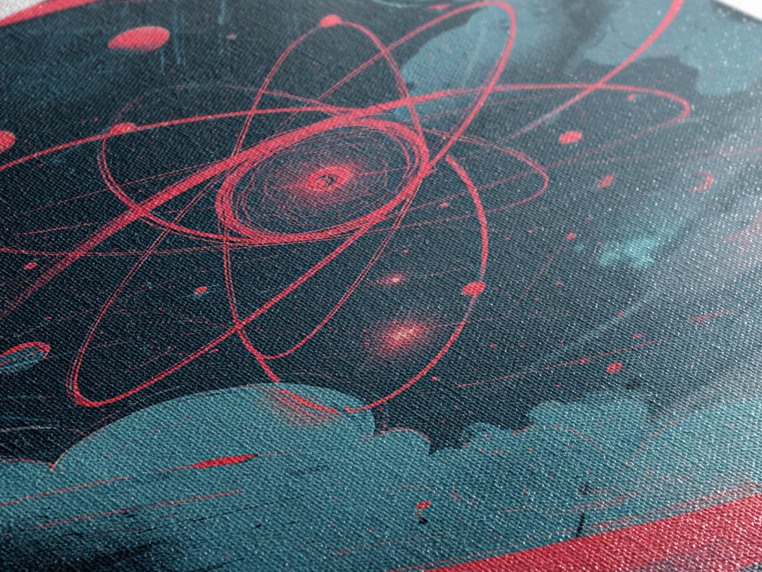 Neon Pink Atom Orbit In Teal Space Canvas Print, Atomic Retro Poster, Modern Abstract Art, Geometric Wall Decor, Mcm Artwork