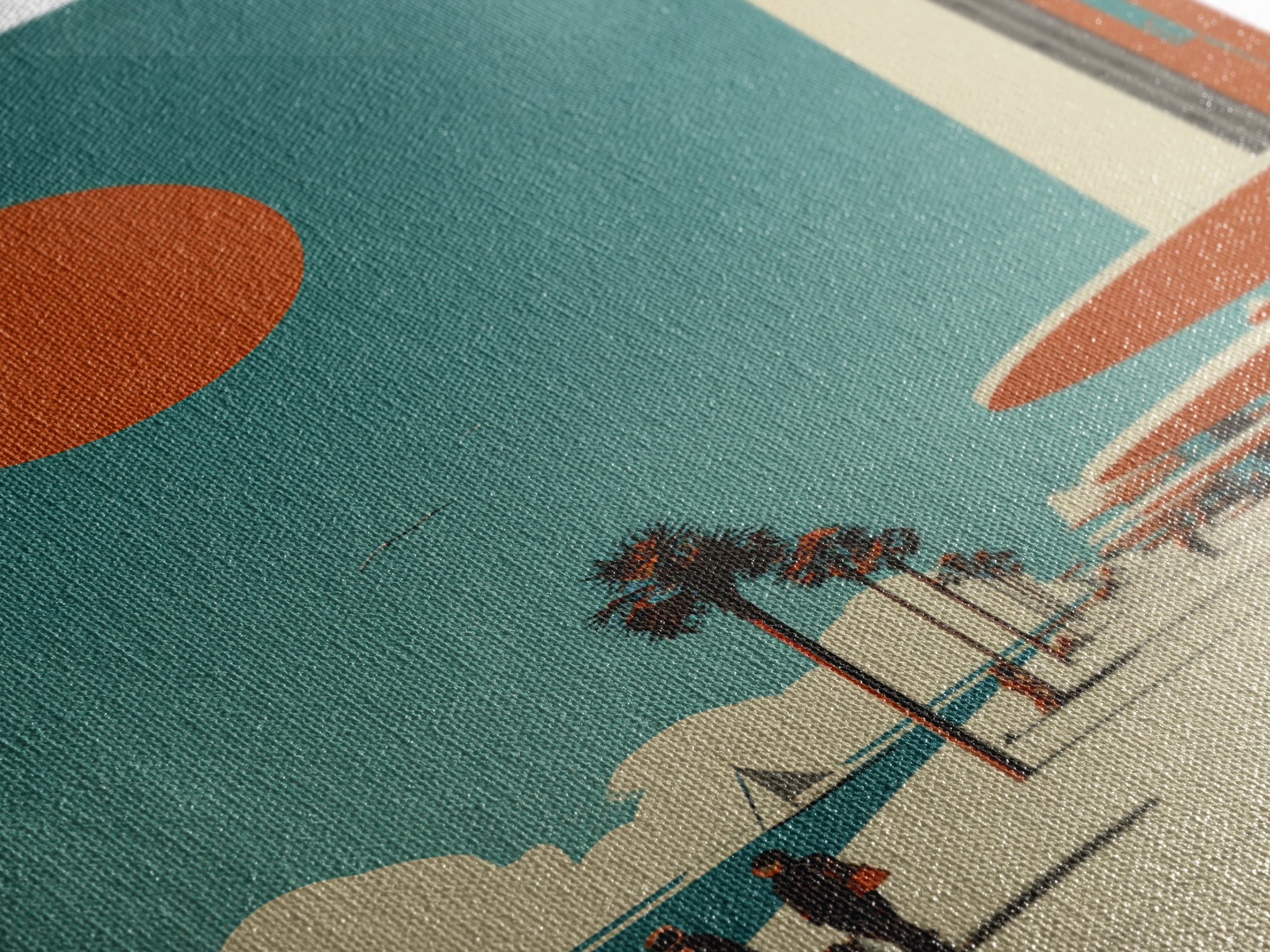 Midcentury Seaside Promenade With Orange Sun Framed Canvas Print, Palm Springs Art, Retro Travel Poster, Modern Wall Decor