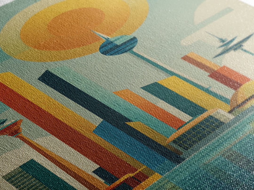 Retro Futuristic Skyline With Orb Sun Canvas Print, Midcentury Modern Wall Art, Atomic City Poster, MCM Decor, Office Wall Decor